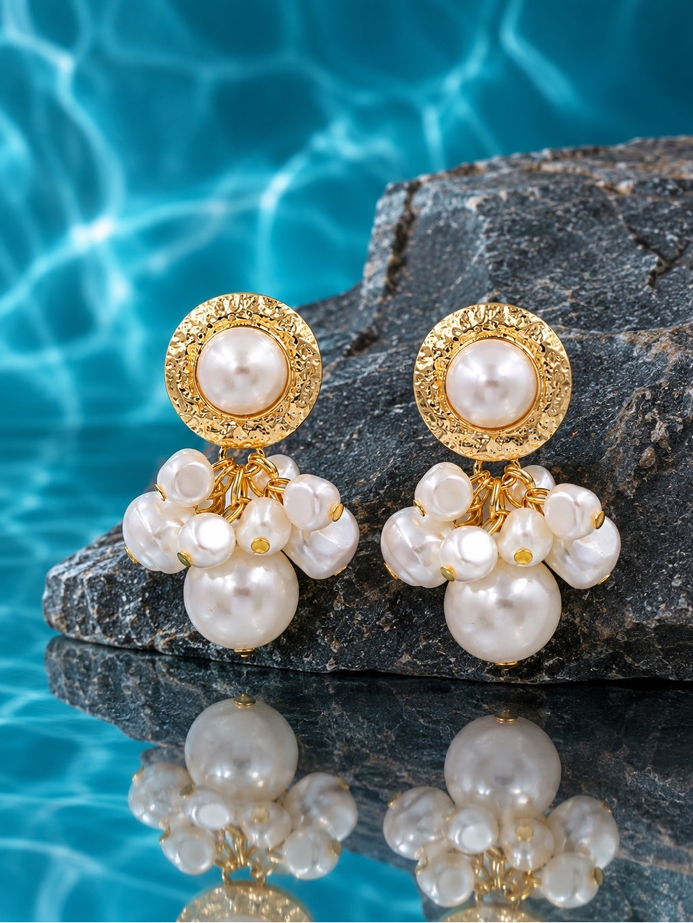 Gold Pearl Cluster Statement Drop Earrings | Vintage Textured Stud | Elegant Br